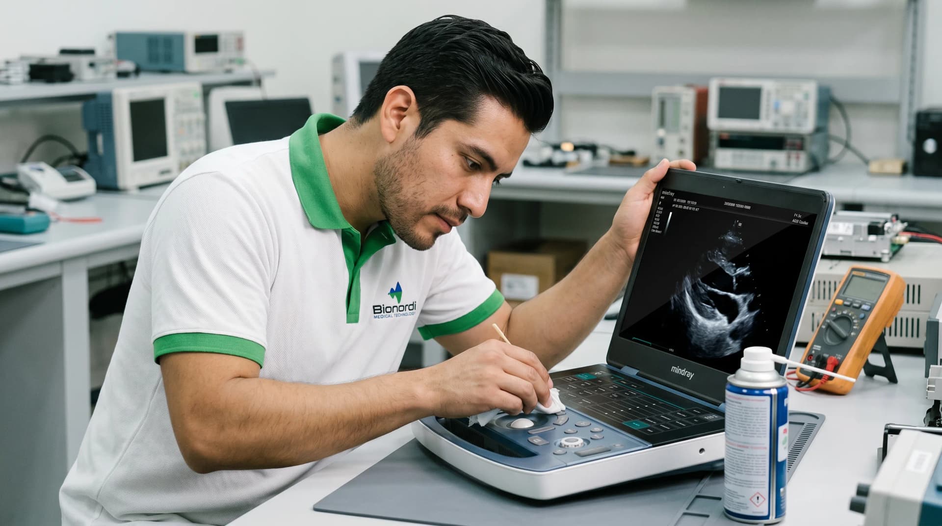 Ingeniero biomédico de BIONORDI dando mantenimiento preventivo a un ultrasonido Mindray MX7
