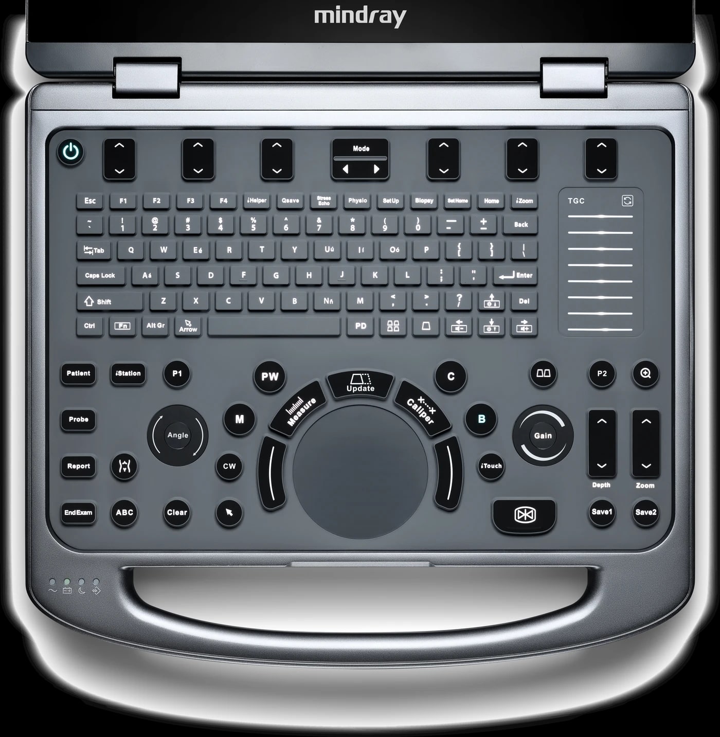 Panel de control sellado del Mindray MX6, visto desde arriba