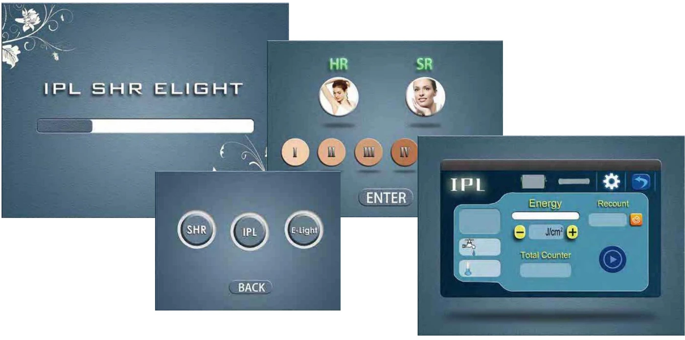 Pantallas del sistema del Nubway IPL SHR Elight: arranque, elección de HR o SR, modo IPL, SHR o E-light y ajuste de energía