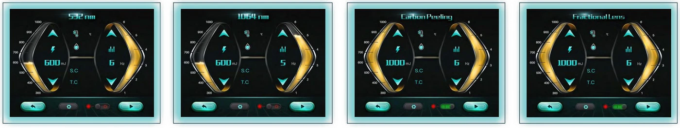 Las cuatro pantallas de modo del Nubway Nd:YAG QL III: 532 nm, 1064 nm, peeling de carbono y lente fraccionada
