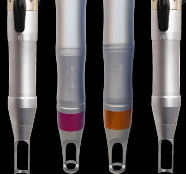 Las cuatro piezas de mano del Nubway Láser Picosegundo; dos llevan el colorante de 585 y 650 nm