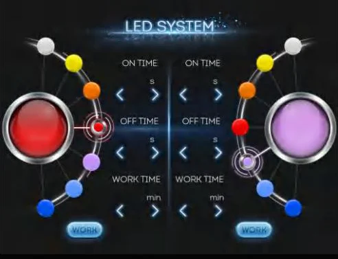 Pantalla del Nubway Terapia LED con los tiempos de encendido, apagado y trabajo