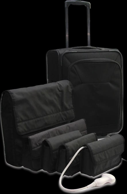 Estuche de transporte con ruedas y bolsas para el sistema y los transductores del Samsung HM70 EVO